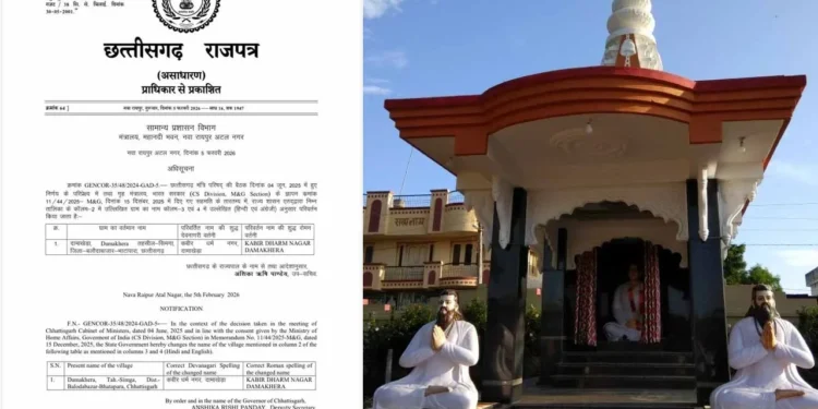 CG News : मुख्यमंत्री विष्णुदेव साय की घोषणा को मिली औपचारिक मंजूरी दामाखेड़ा का बदला नाम राजपत्र में प्रकाशित हुई अधिसूचना