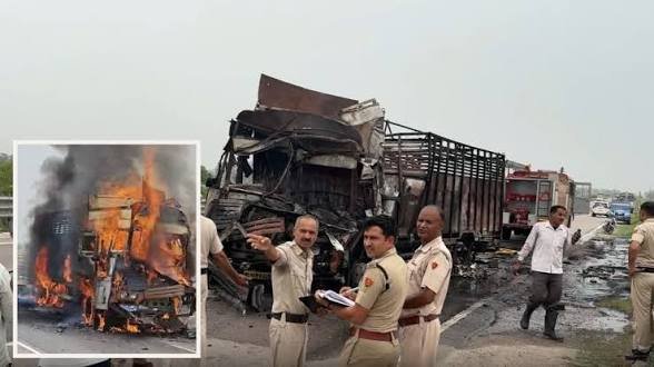 CG: दो ट्रकों की भीषण भिड़ंत, आग की चपेट में आने से चालक की दर्दनाक मौत